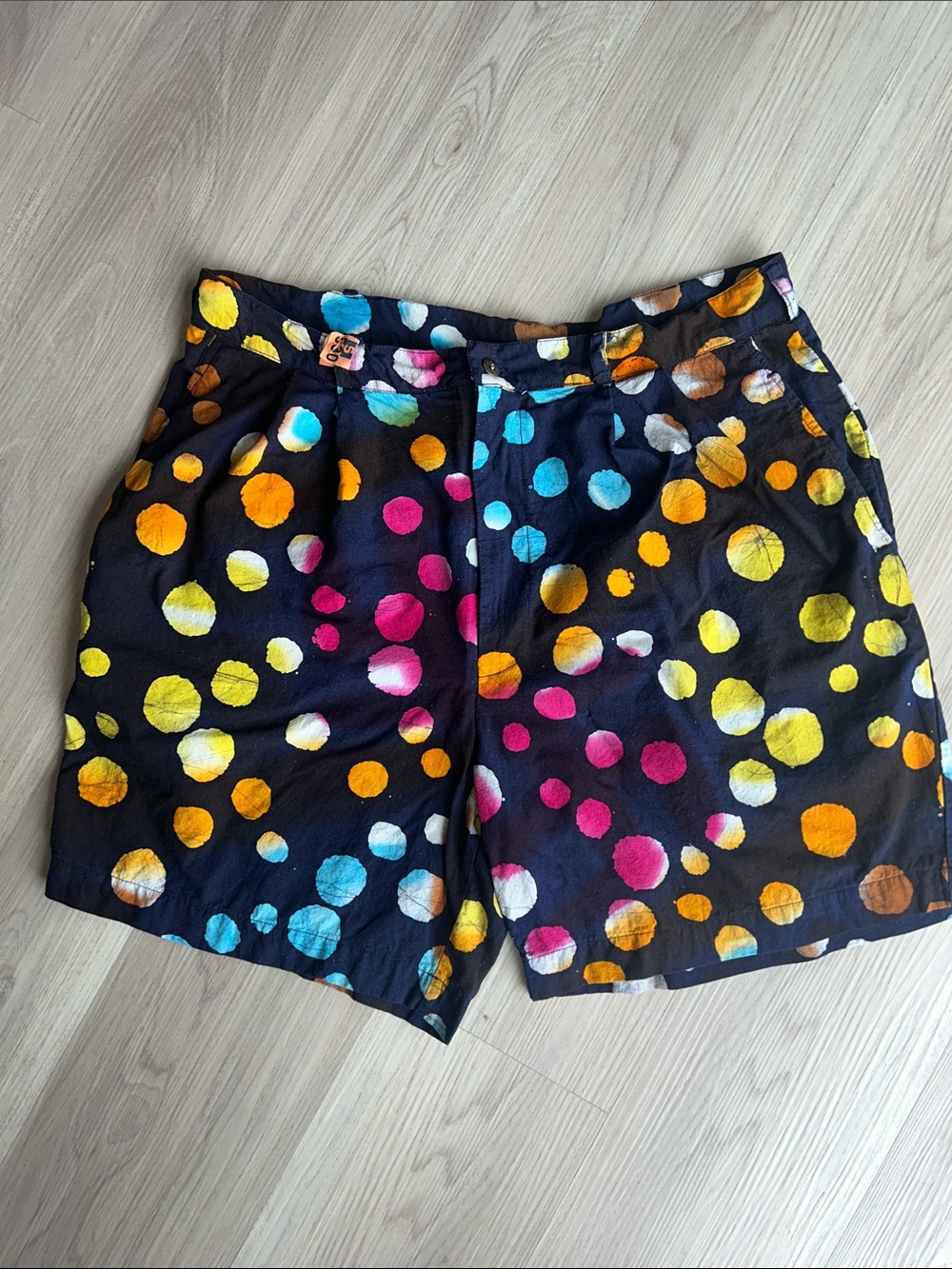 Perry Ellis Vintage Cotton Golf Shorts 36 Navy Artsy Polka Dots Maximalist